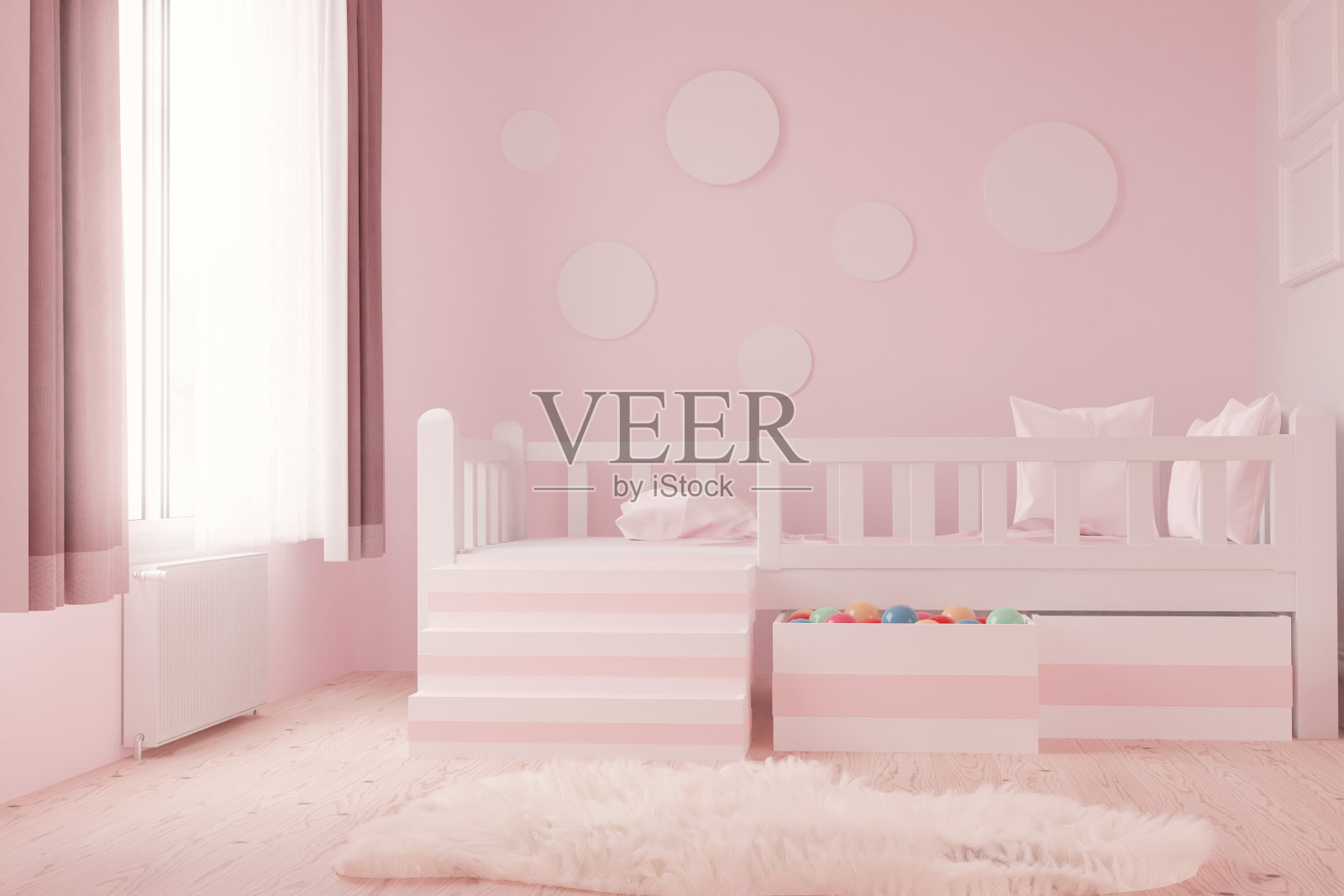 3d渲染粉红色的儿童房间和白色的床照片摄影图片