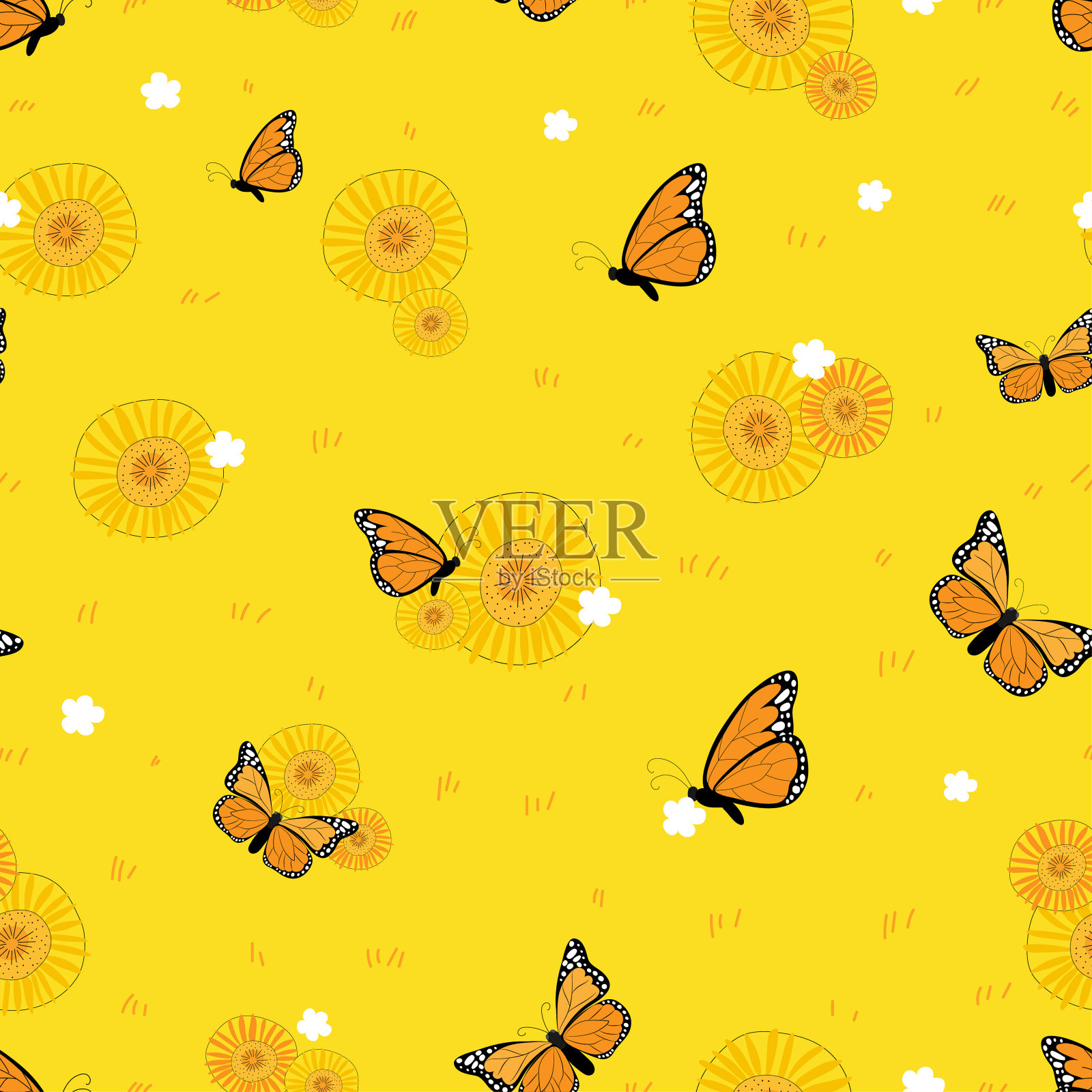 无缝秋天背景的向日葵和蝴蝶飞在草地上，矢量图案卡通蝴蝶花在黄色和橙色的背景。色彩鲜艳的图案为中秋和秋季季节插画图片素材