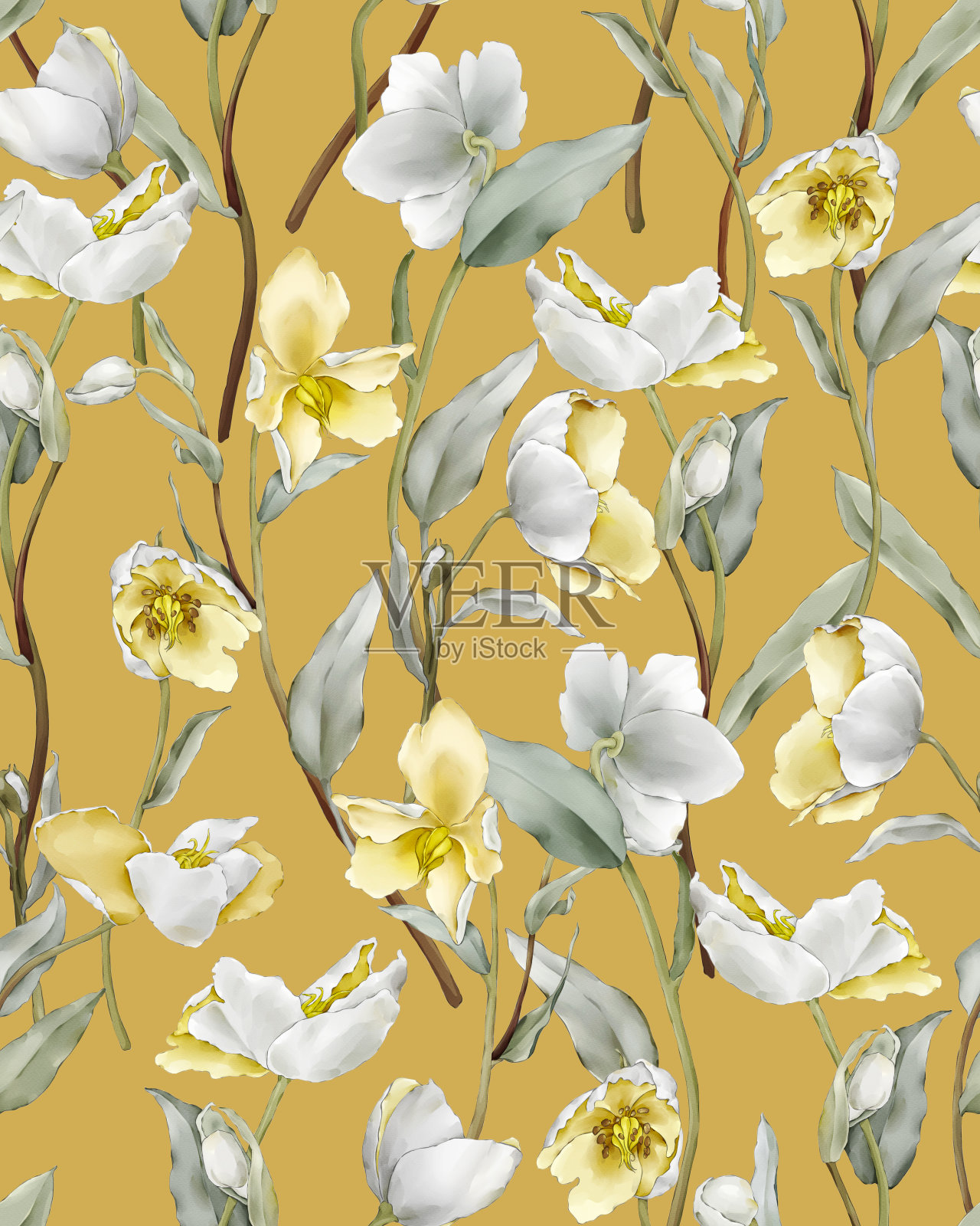 无缝图案与黄色野花在水彩风格插画图片素材