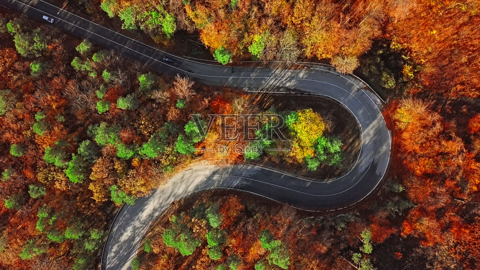 头顶鸟瞰图，蜿蜒的山路内五颜六色的秋天森林照片摄影图片