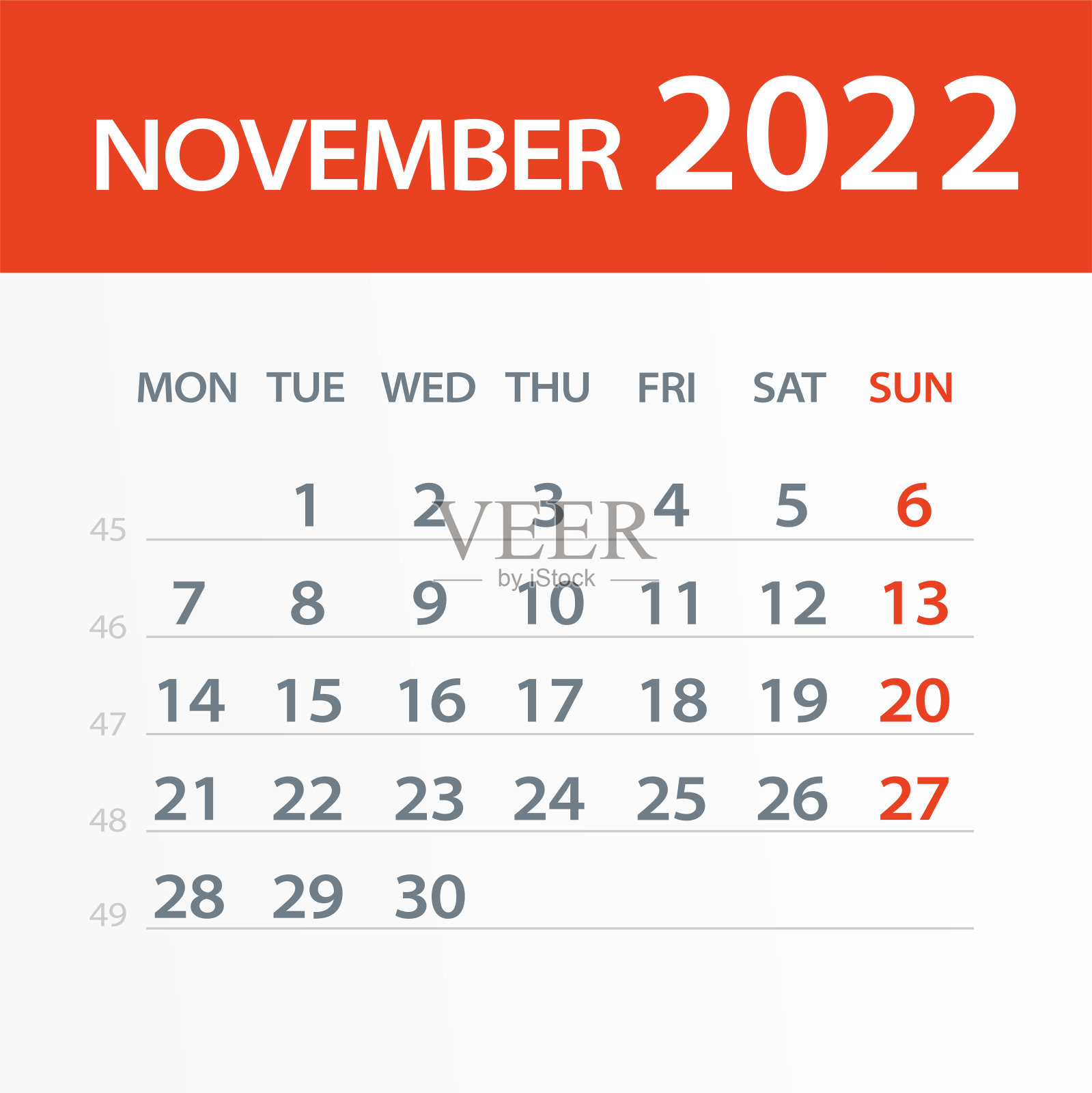 2022年11月日历叶-矢量插图。一周从周一开始设计模板素材