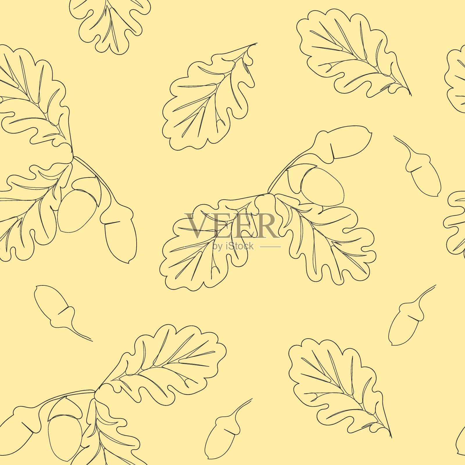 无缝矢量模式与树叶在米色背景。设计背景，页面，纺织品，网页。橡树叶连续线条的植物学图。插画图片素材
