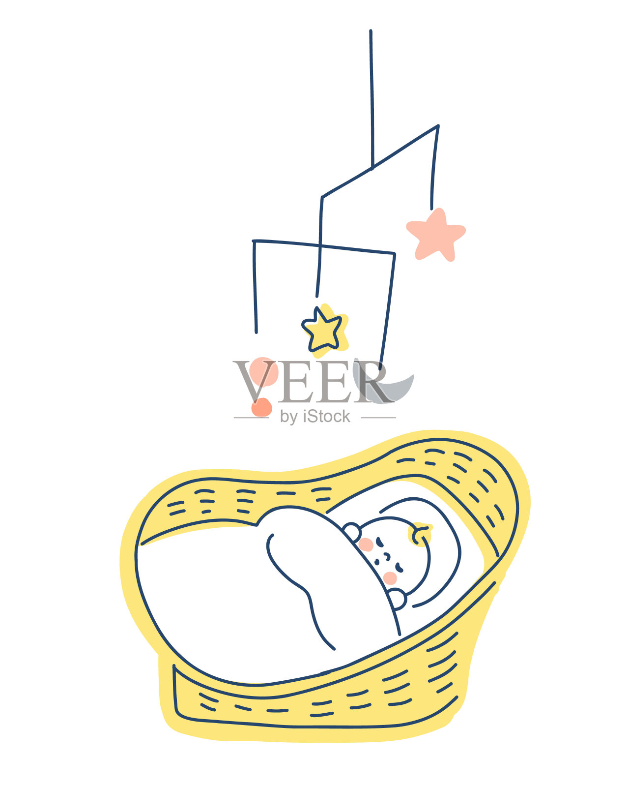 睡在婴儿篮里的婴儿插画图片素材