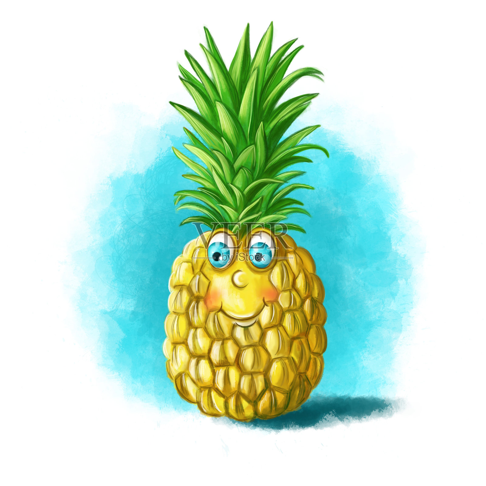 儿童插画的菠萝水果人物与大眼睛，欢快和快乐的明亮的黄色人物与绿色长叶子设计和儿童玩设计元素图片