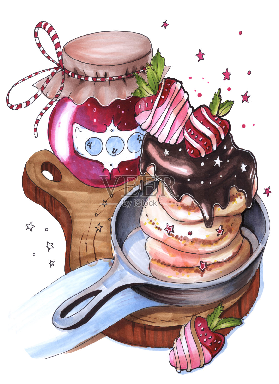 雅米在一个罐子里画素描，用水彩画食物、早餐、奶酪蛋糕和煎饼，还有巧克力覆盖的草莓和果酱插画图片素材