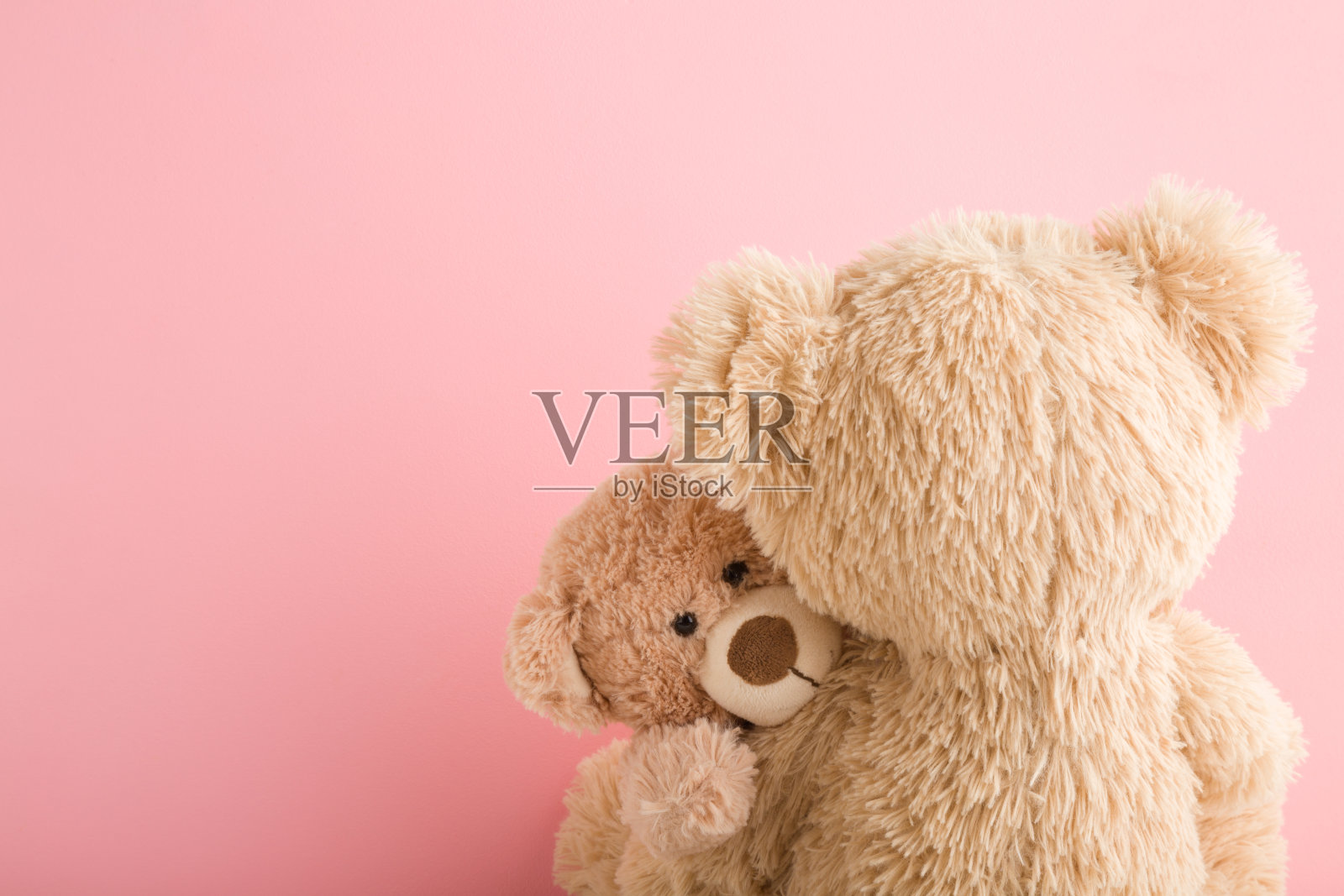 棕色泰迪熊妈妈抱着她的宝宝在浅粉色的背景。可爱的、情感的时刻。特写镜头。副本的空间。空地方的情感文本，可爱的引用或语录。照片摄影图片