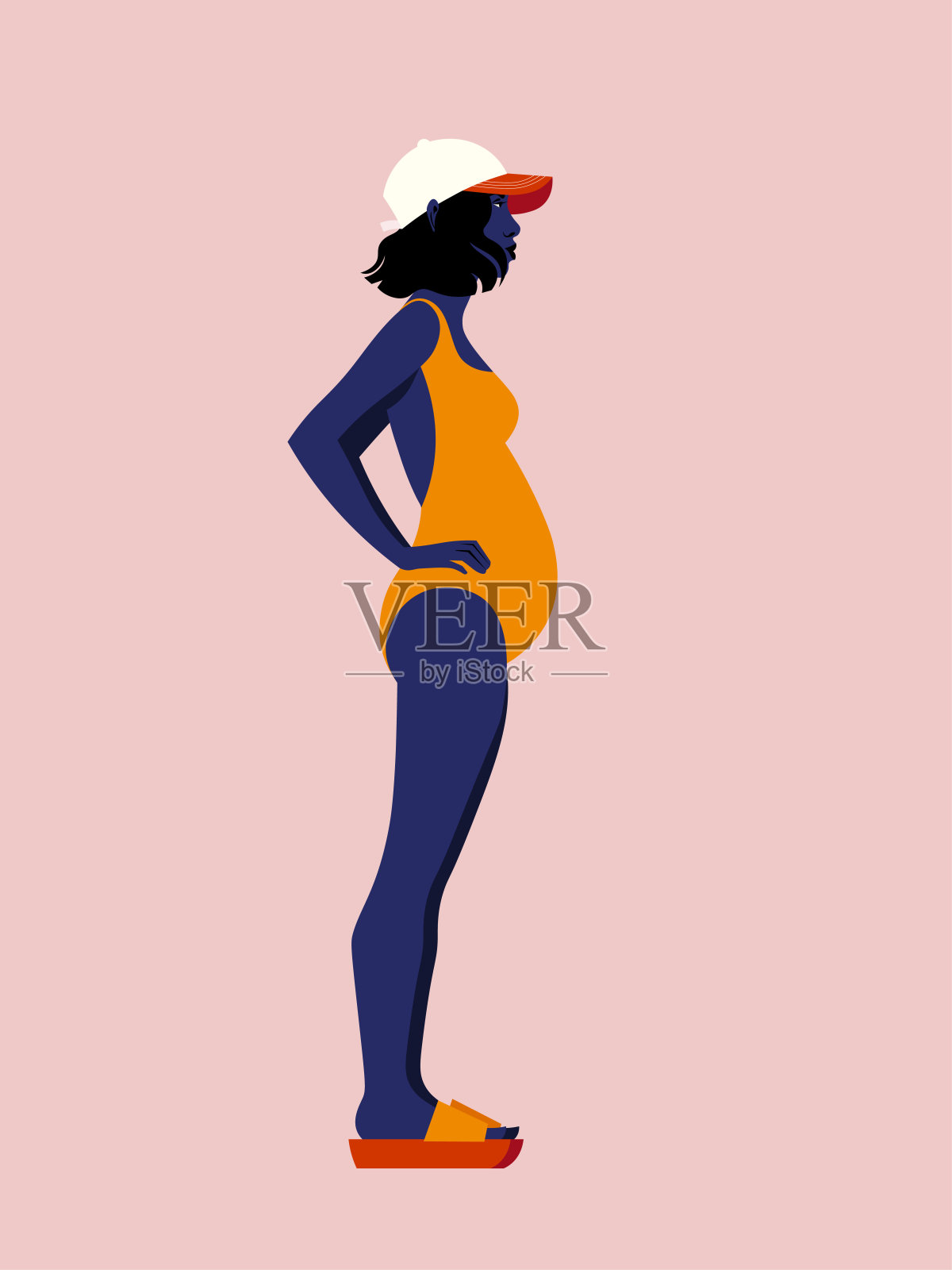 一个穿着泳衣的非洲裔孕妇的侧面。一个完整的人物。插画图片素材