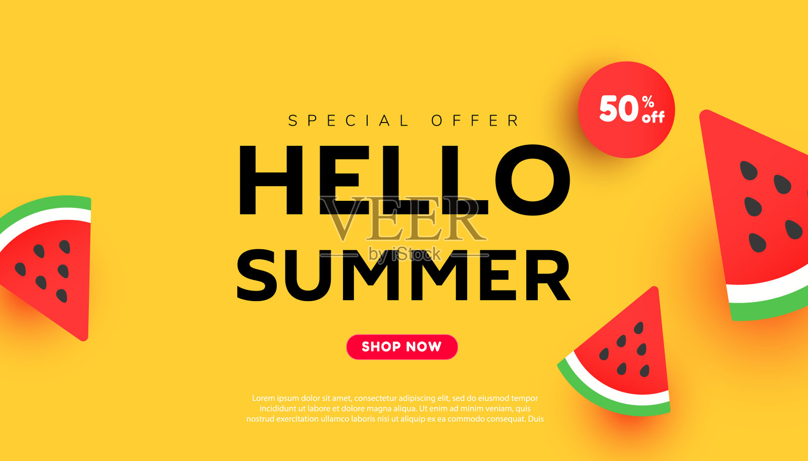 明亮的夏季折扣销售横幅背景与成熟的西瓜片模式在黄色的背景与拷贝空间的商店营销推广。设计模板素材