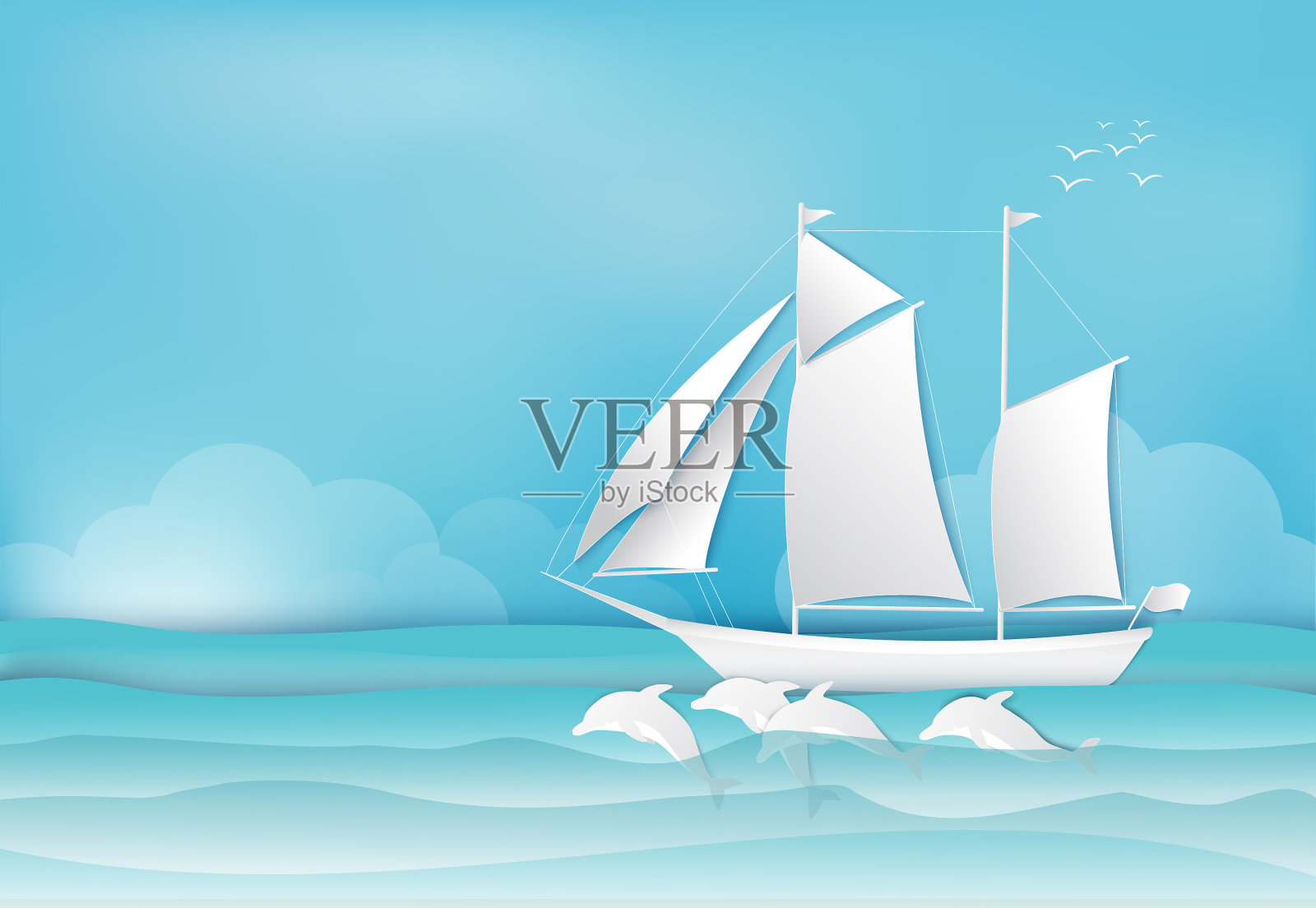 帆船和海豚在海上背景插画图片素材