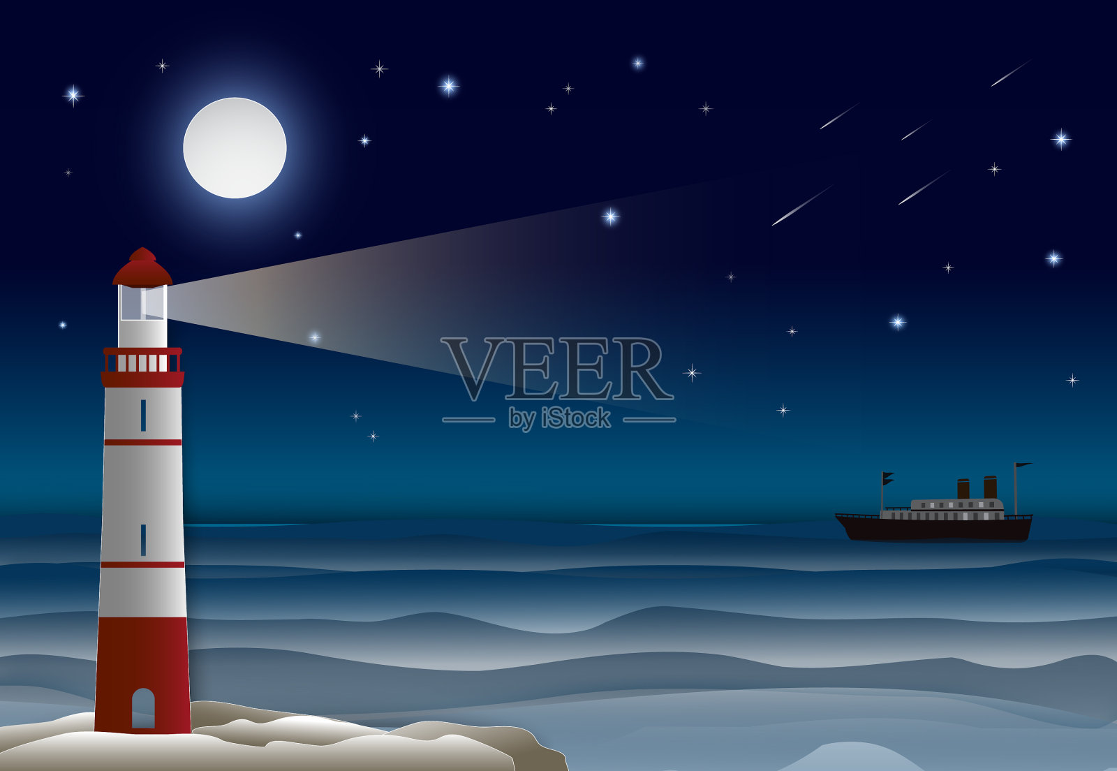 灯塔和远洋班轮在海洋的夜空设计元素图片