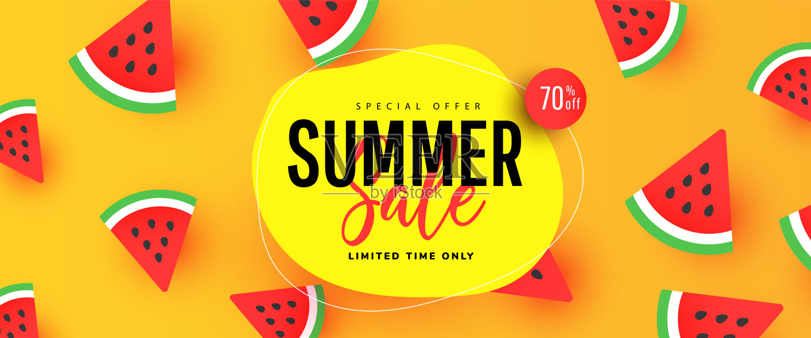夏季促销横幅设计，以热带树叶和成熟的西瓜片在黄色的背景，复制空间的商店营销推广。插画图片素材