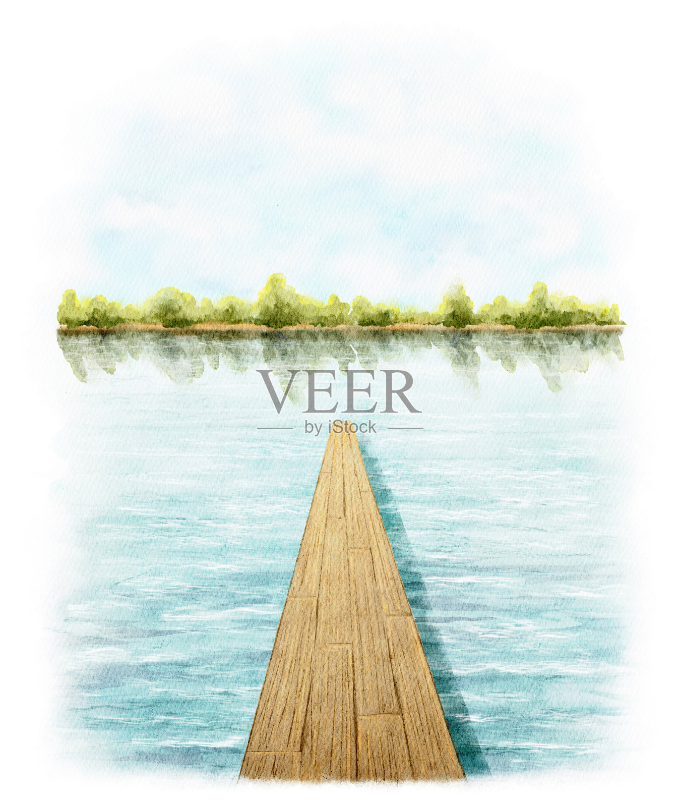 水彩插画与风景风景与码头上的河流插画图片素材