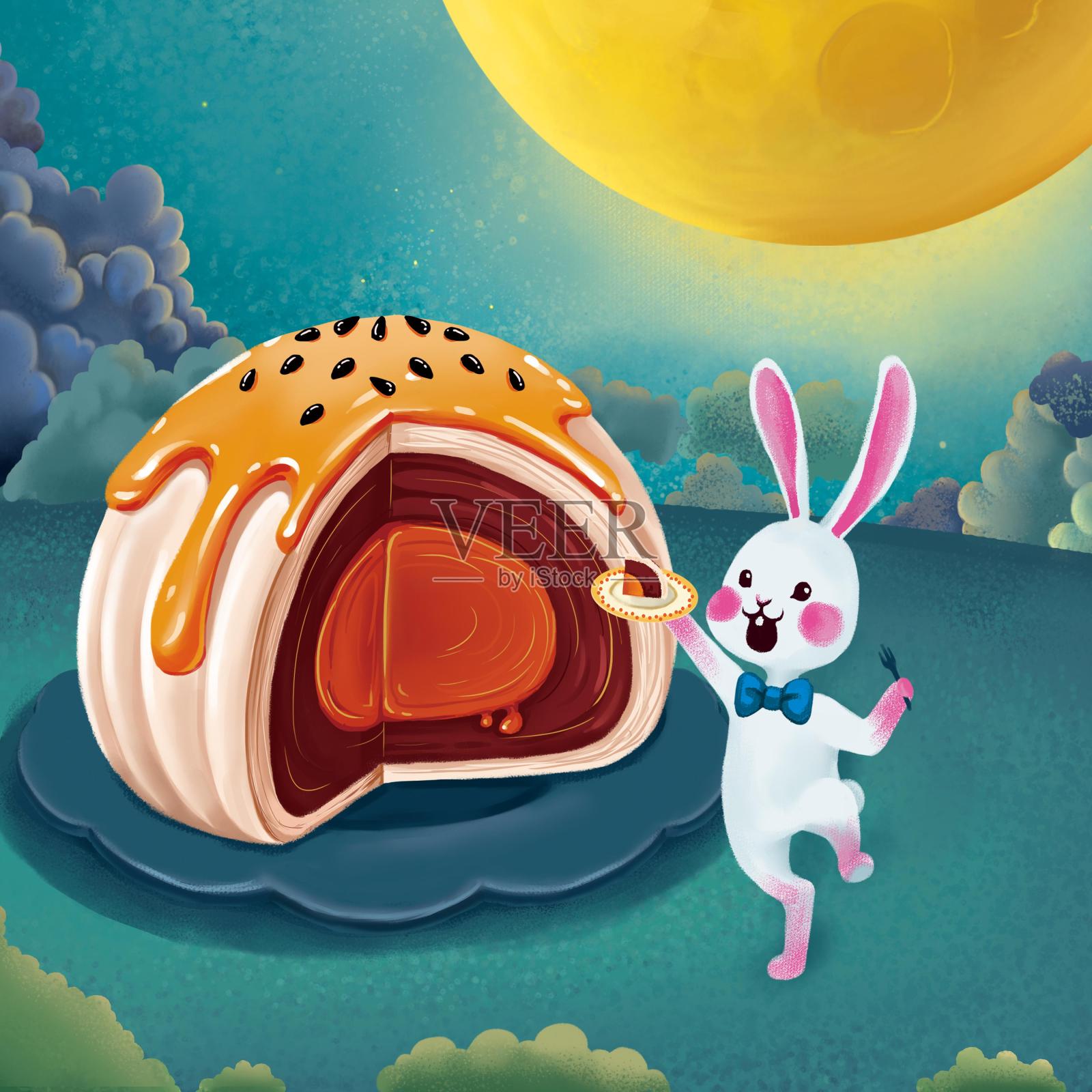兔子中秋吃蛋黄酥插画插画图片素材
