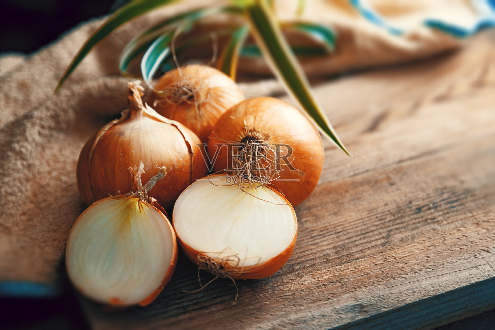 把洋葱切成棕色，放在木砧板上。健康食品的背景。照片摄影图片