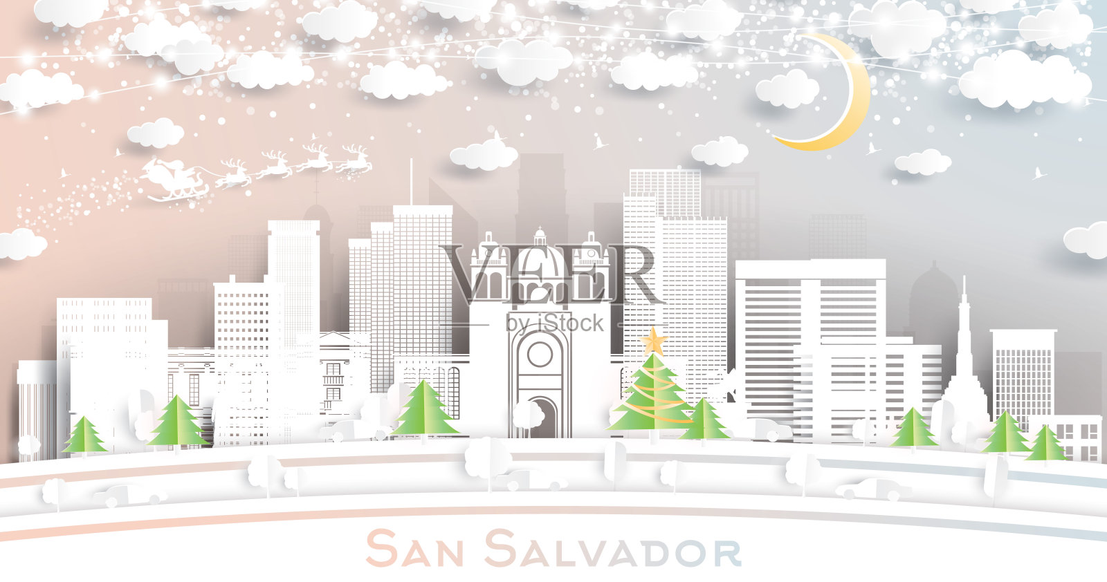 剪纸风格的圣萨尔瓦多城市天际线与雪花，月亮和霓虹灯花环。插画图片素材