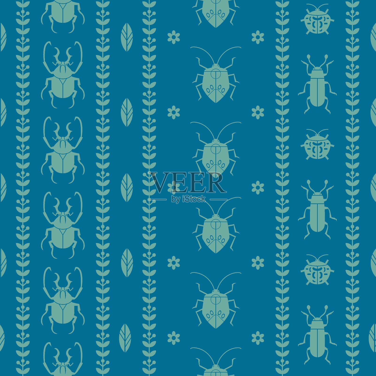 蓝色bug无缝模式。条纹向量纹理与不同的昆虫和花卉。插画图片素材