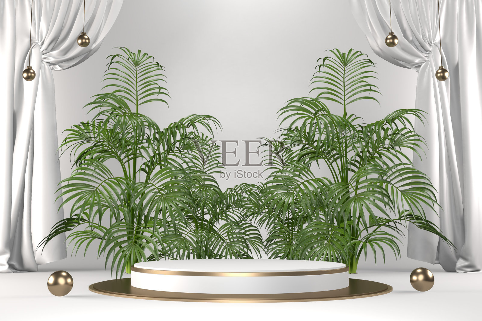 热带白色裙房几何和植物装饰的白色背景。3d渲染照片摄影图片