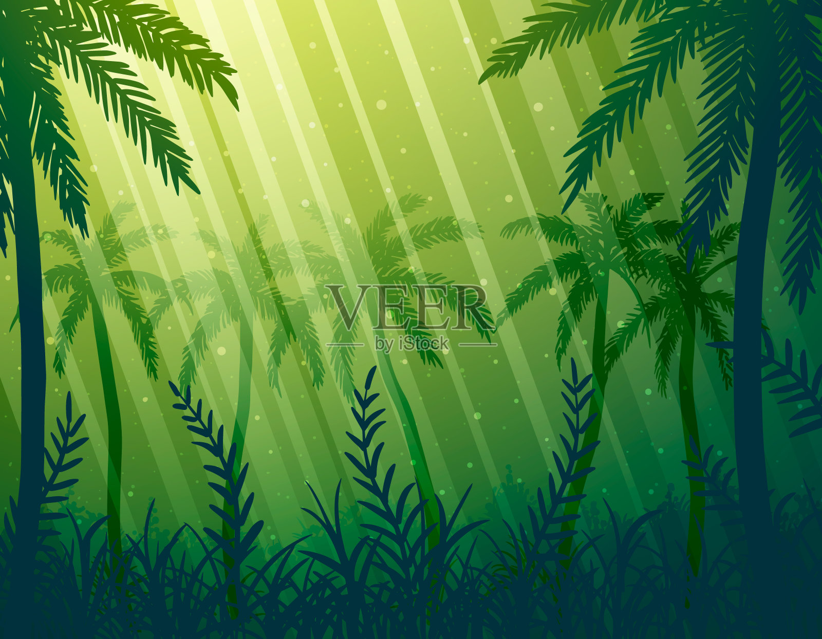 绿色的热带丛林，有棕榈树，灌木和草。矢量插图。插画图片素材