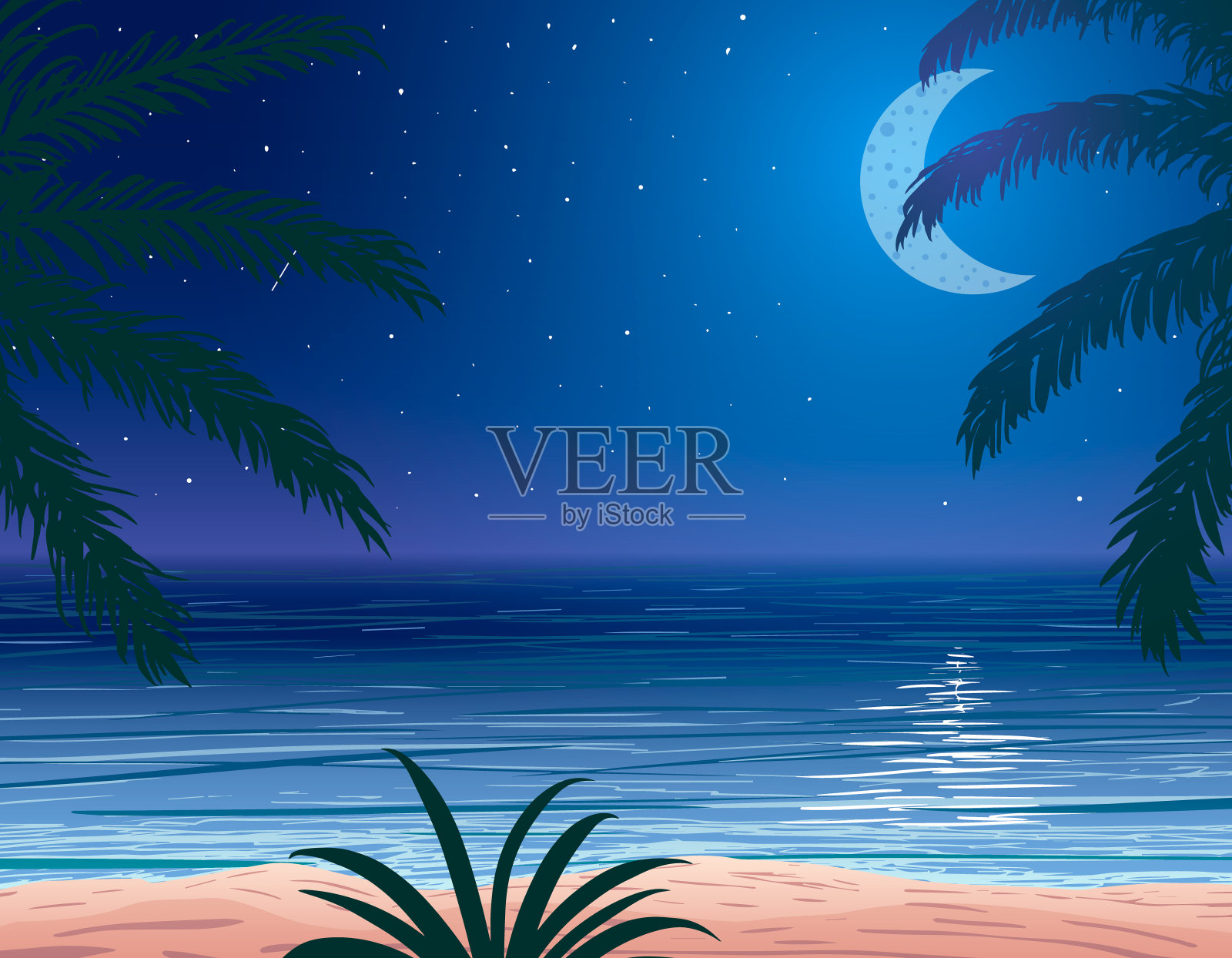 向量棕榈树树叶在海洋海岸背景在晚上插画图片素材