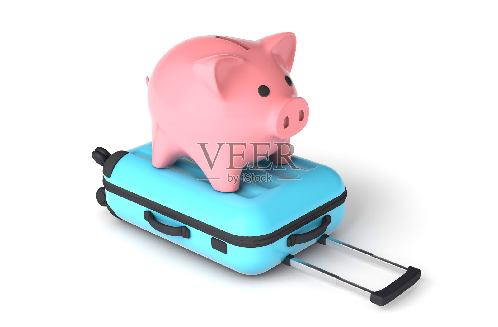 蓝色手提箱上的粉色小猪储蓄罐。旅游预算。在白色背景上隔离照片摄影图片