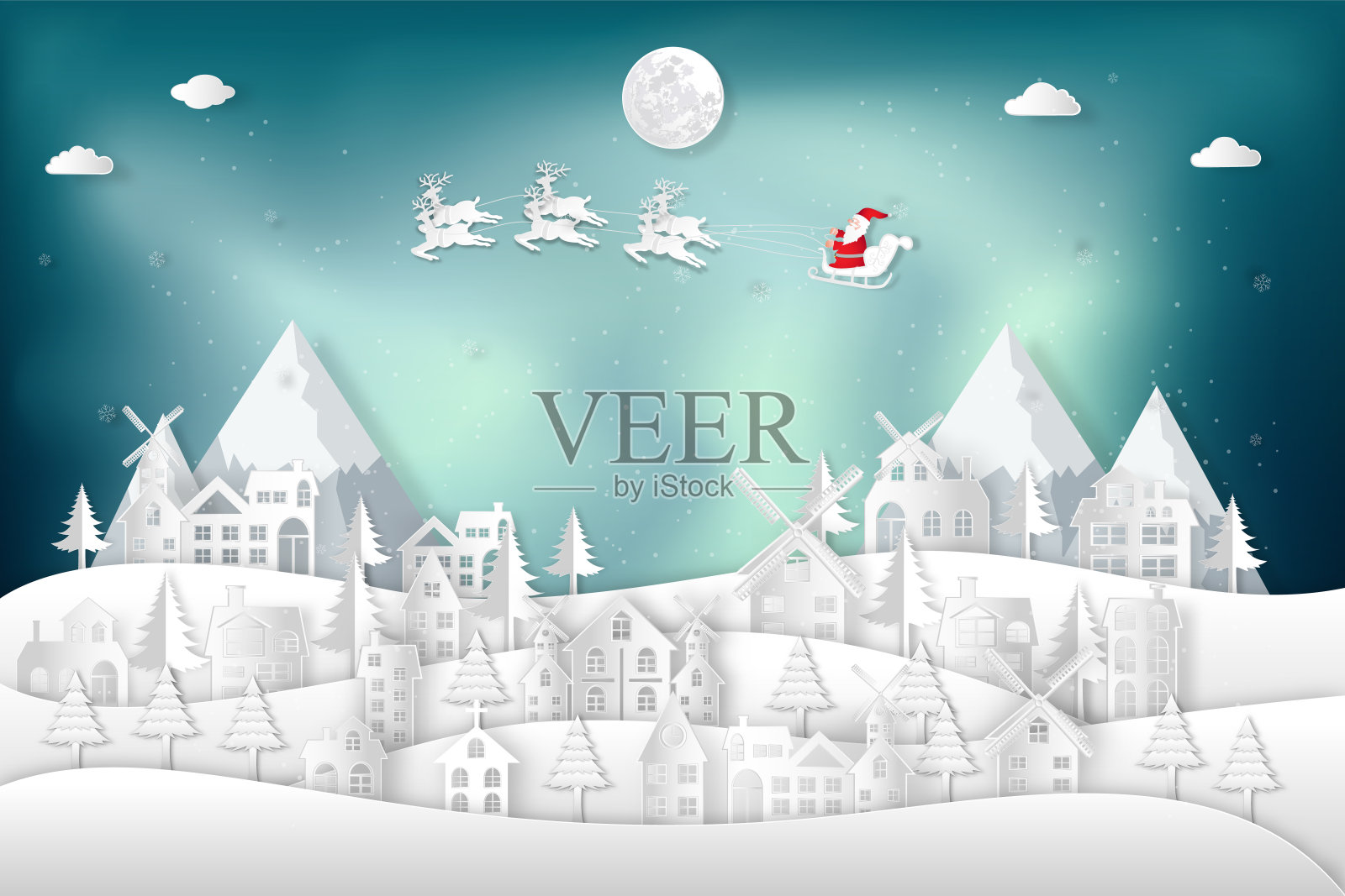 纸艺术，剪纸和数码工艺风格的圣诞老人在雪橇和驯鹿在冬季的雪村背景作为节日和圣诞节的概念。矢量插图。插画图片素材