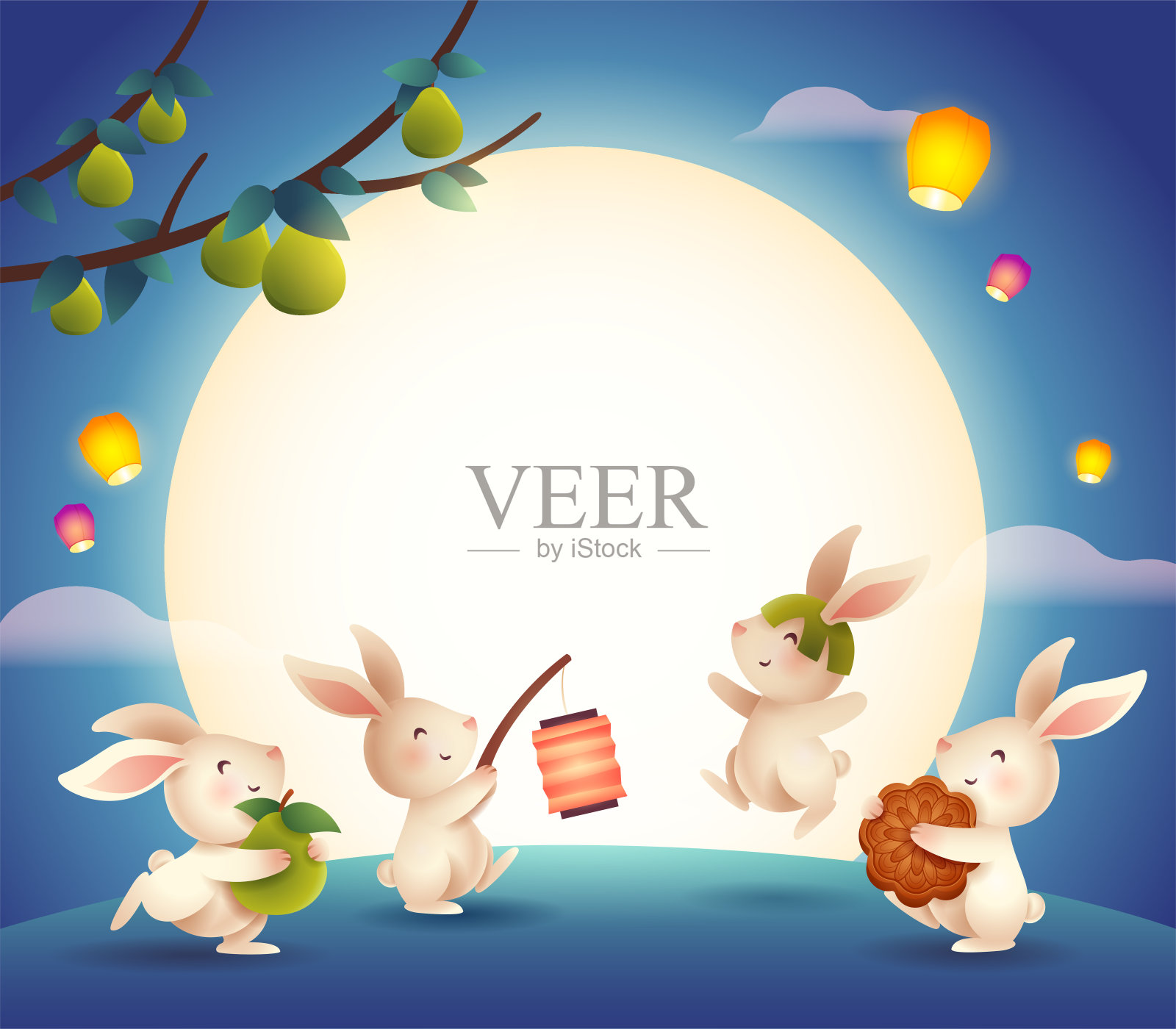 中秋节。一群兔子在月光下跳来跳去庆祝中秋节。插画图片素材