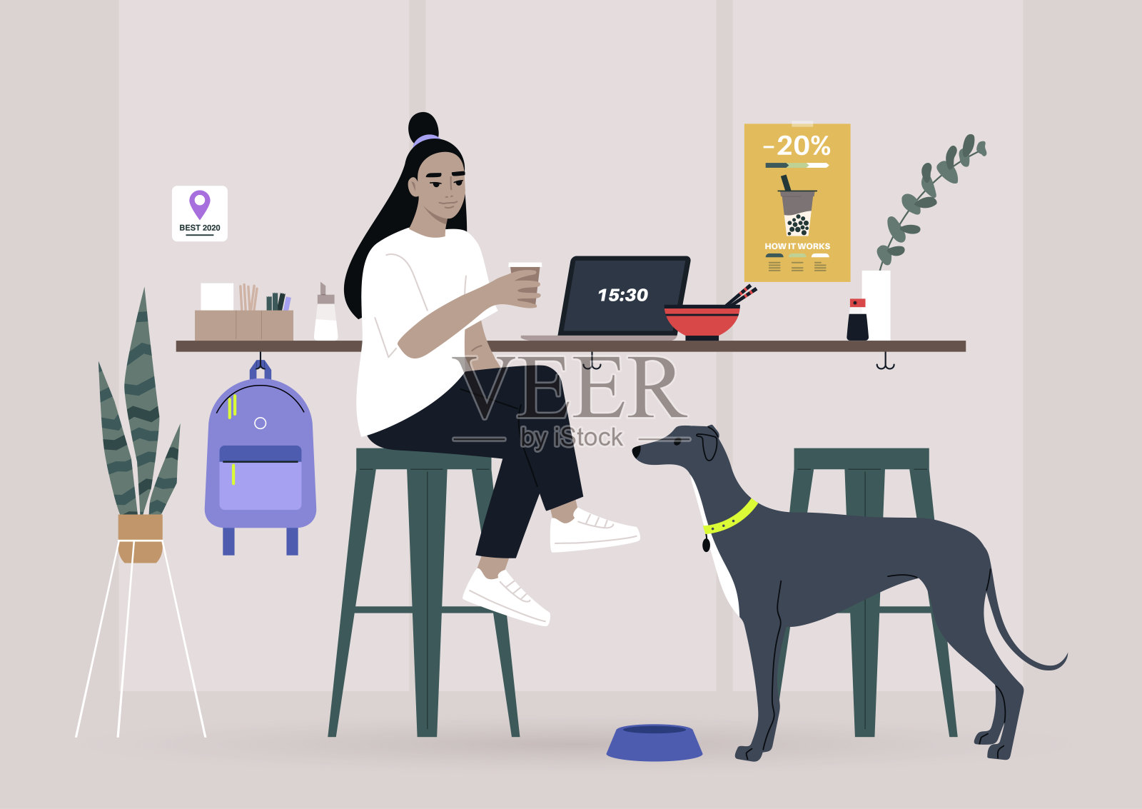 一位亚洲女性自由职业者和他们的宠物在一个狗友好的咖啡馆吃午餐，柜台与酒吧凳子插画图片素材