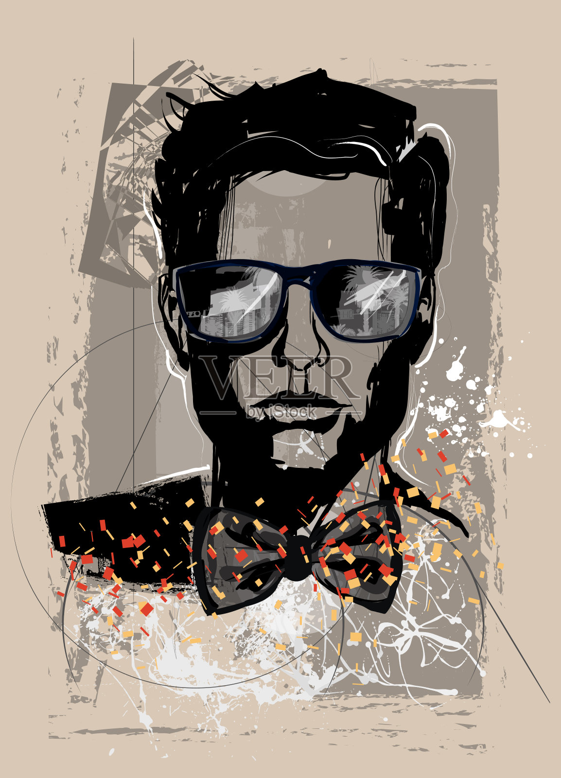 英俊的男人肖像与太阳镜在垃圾的背景插画图片素材