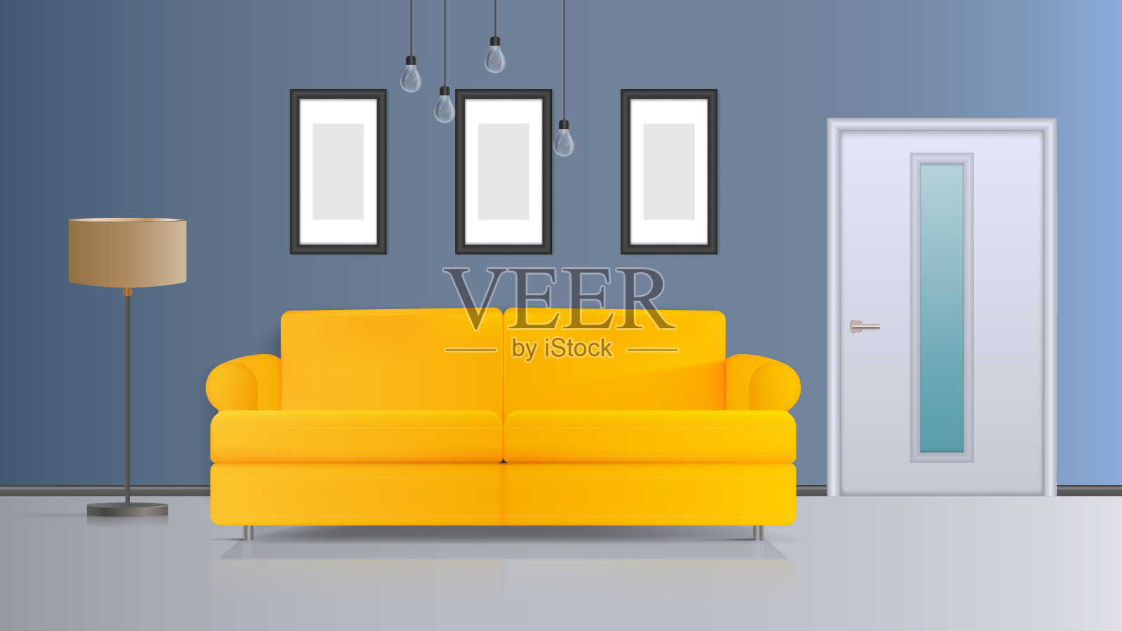 室内黄色沙发白色门落地灯插画图片素材