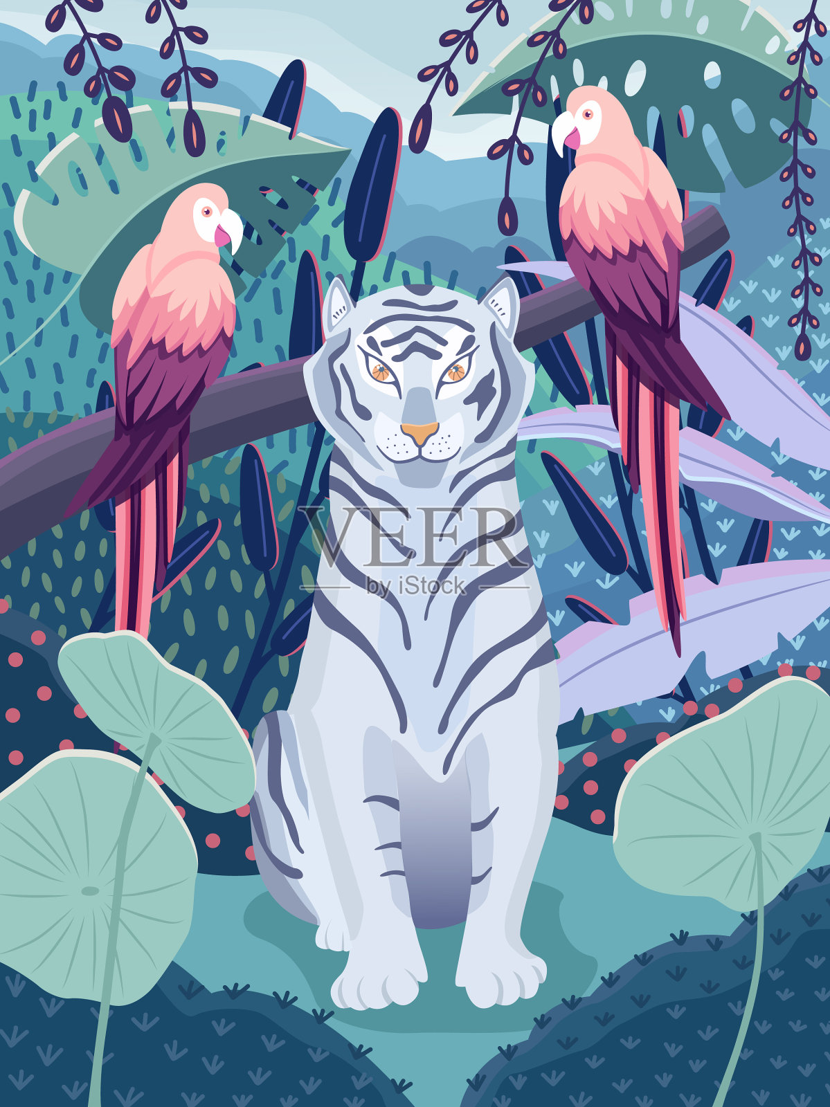丛林里的蓝老虎和五颜六色的鹦鹉插画图片素材