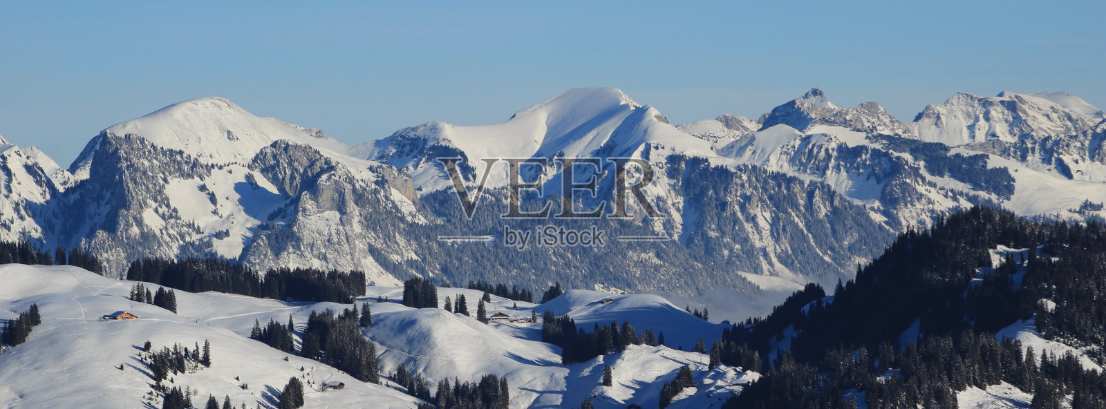 从瑞士霍内格利观赏冬季景观。照片摄影图片