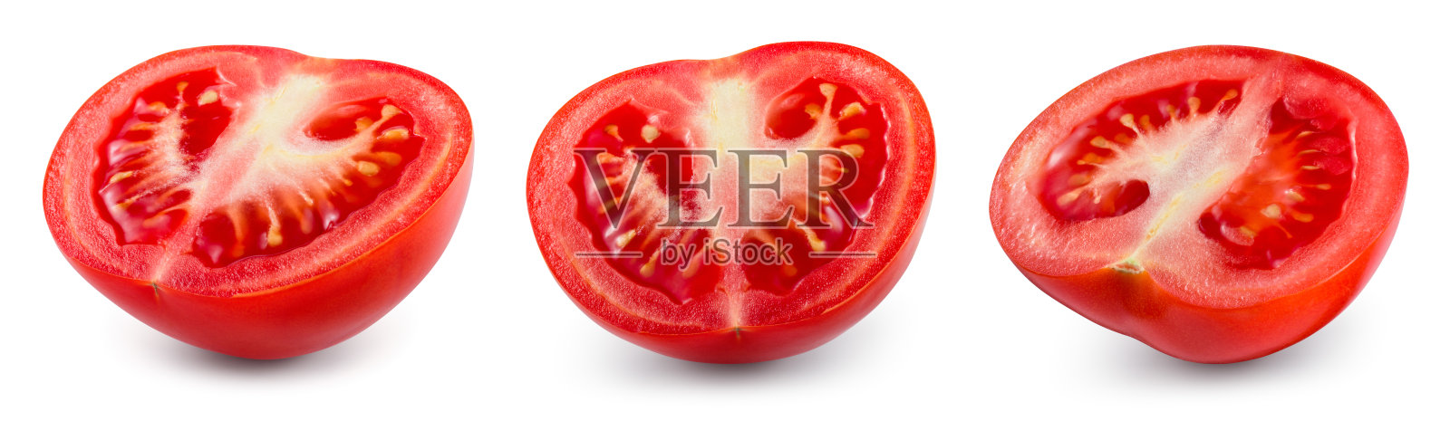 番茄在白色背景上被分离了一半。番茄片隔离。西红柿侧视图。一套西红柿切片。剪切路径。照片摄影图片