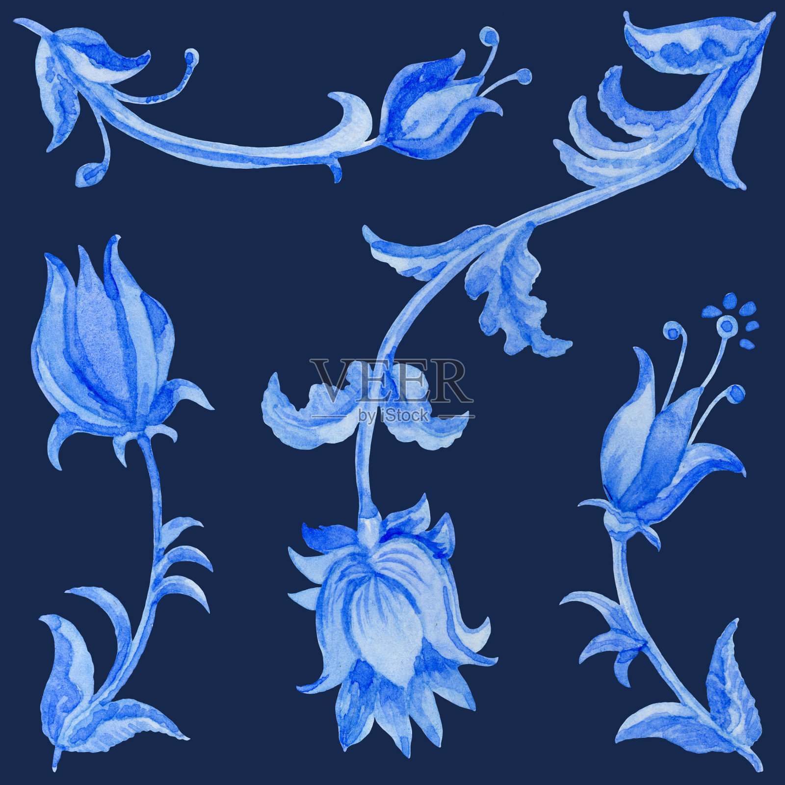 水彩绘成靛蓝色花卉无缝图案插画图片素材