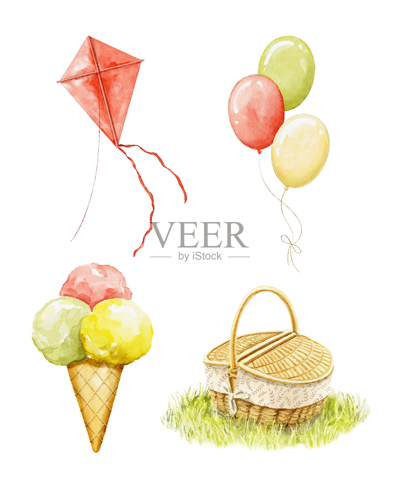水彩冰淇淋，风筝，气球和野餐篮插画图片素材