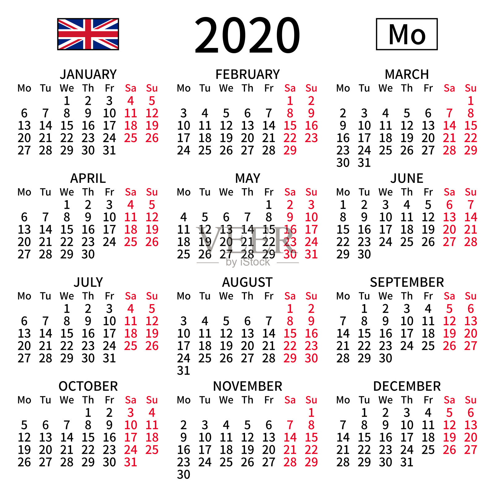 2020年英语日历，周一设计模板素材