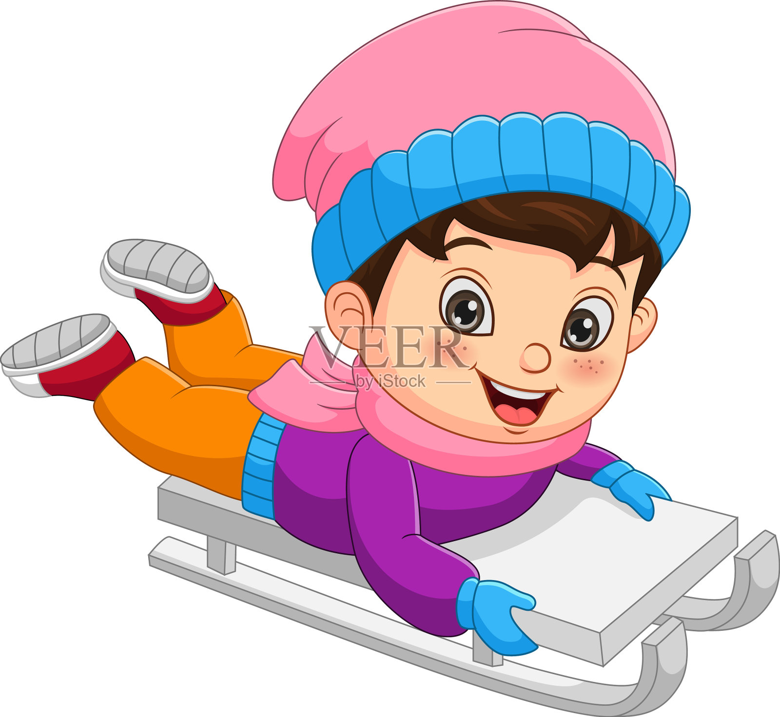 可爱的小男孩从山上滑下来插画图片素材