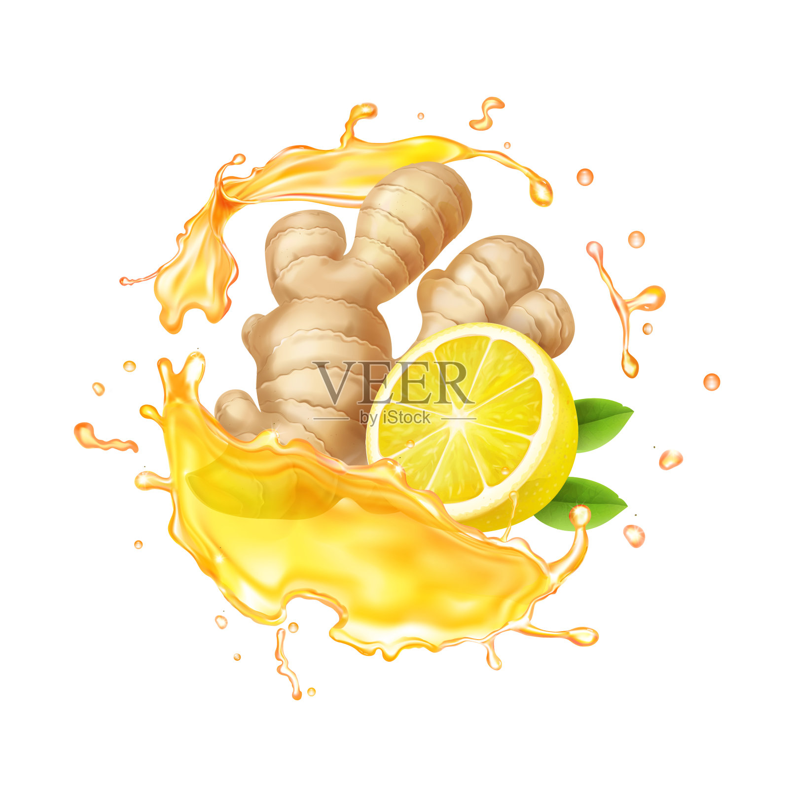 姜根，柑橘和黄茶水插画图片素材