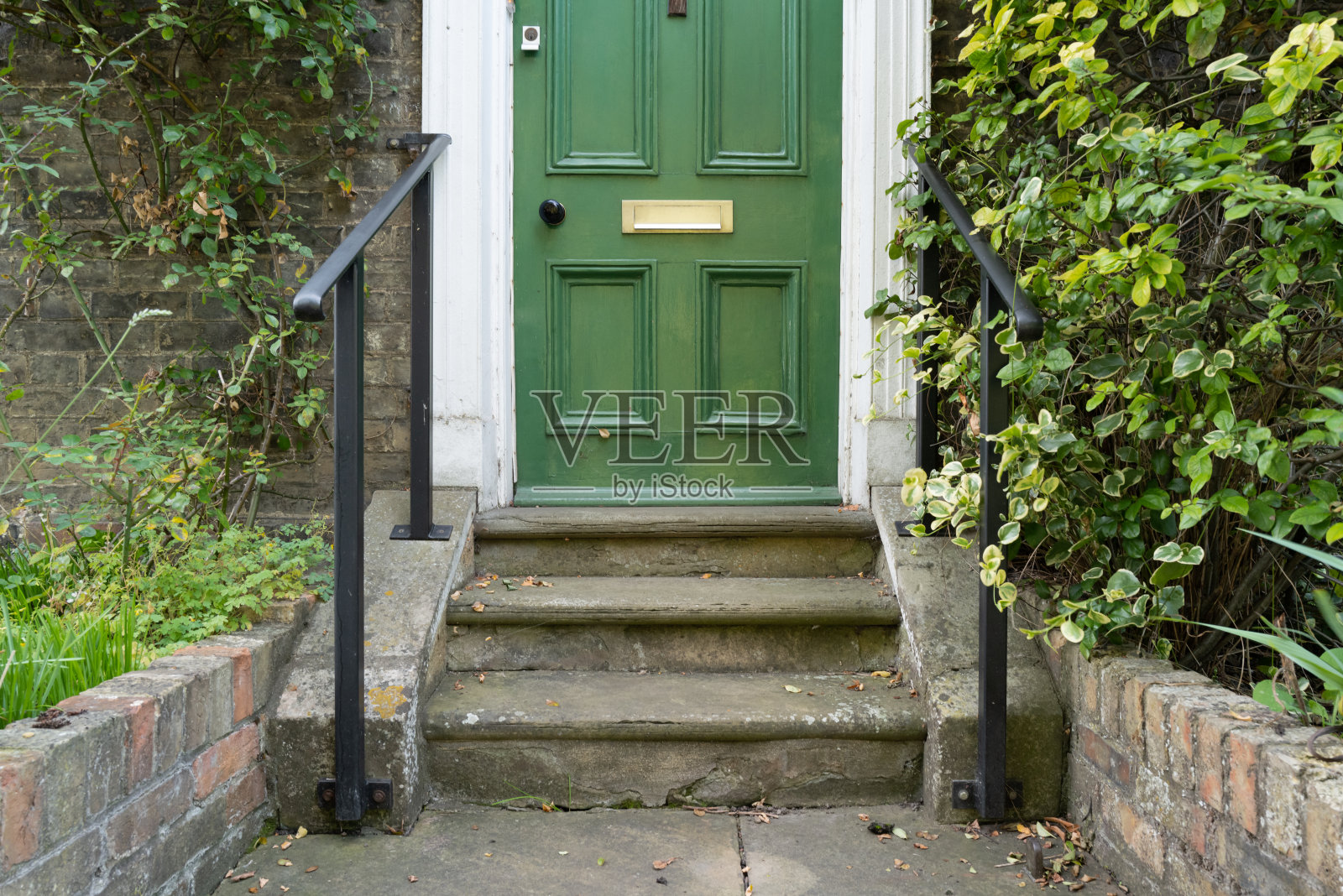 一个私人排屋的入口显示了华丽的门和非常古老的台阶。照片摄影图片