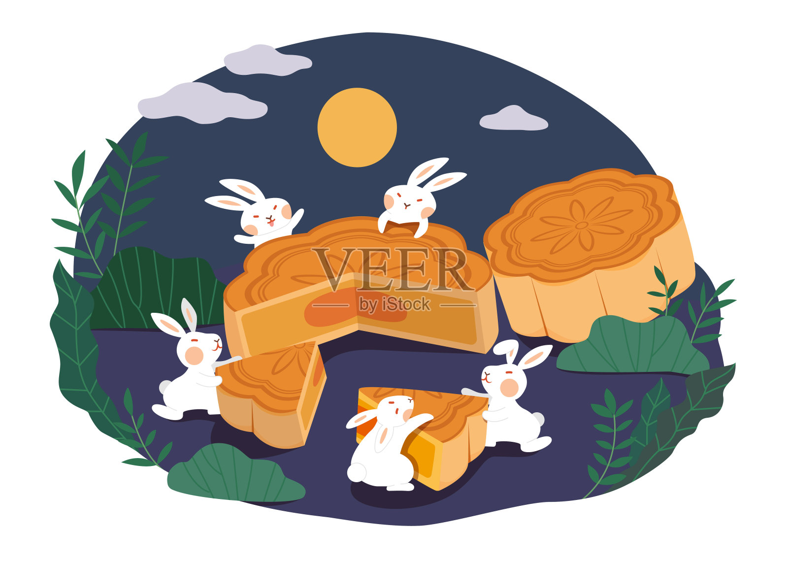 中秋节玉兔搬运美味月饼扁平插图插画图片素材