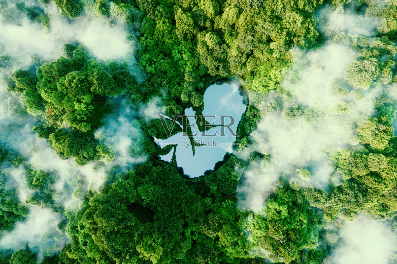 这个概念描述了自然和新生命的自我更新过程，一般形式是原始森林中胚胎形状的湖泊。3 d渲染。照片摄影图片