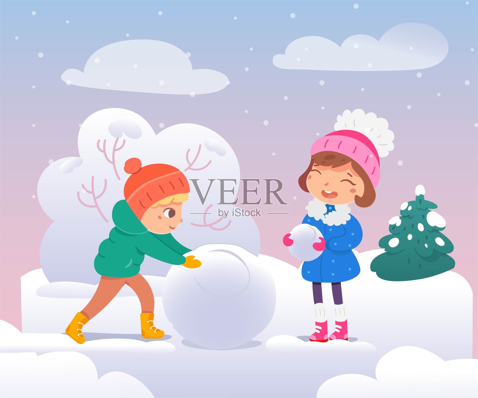 快乐的孩子在冬天堆雪人。孩子们在寒冷的天气有乐趣的户外矢量插图。女孩和男孩在公园里笑着做雪球。树和天空背景插画图片素材