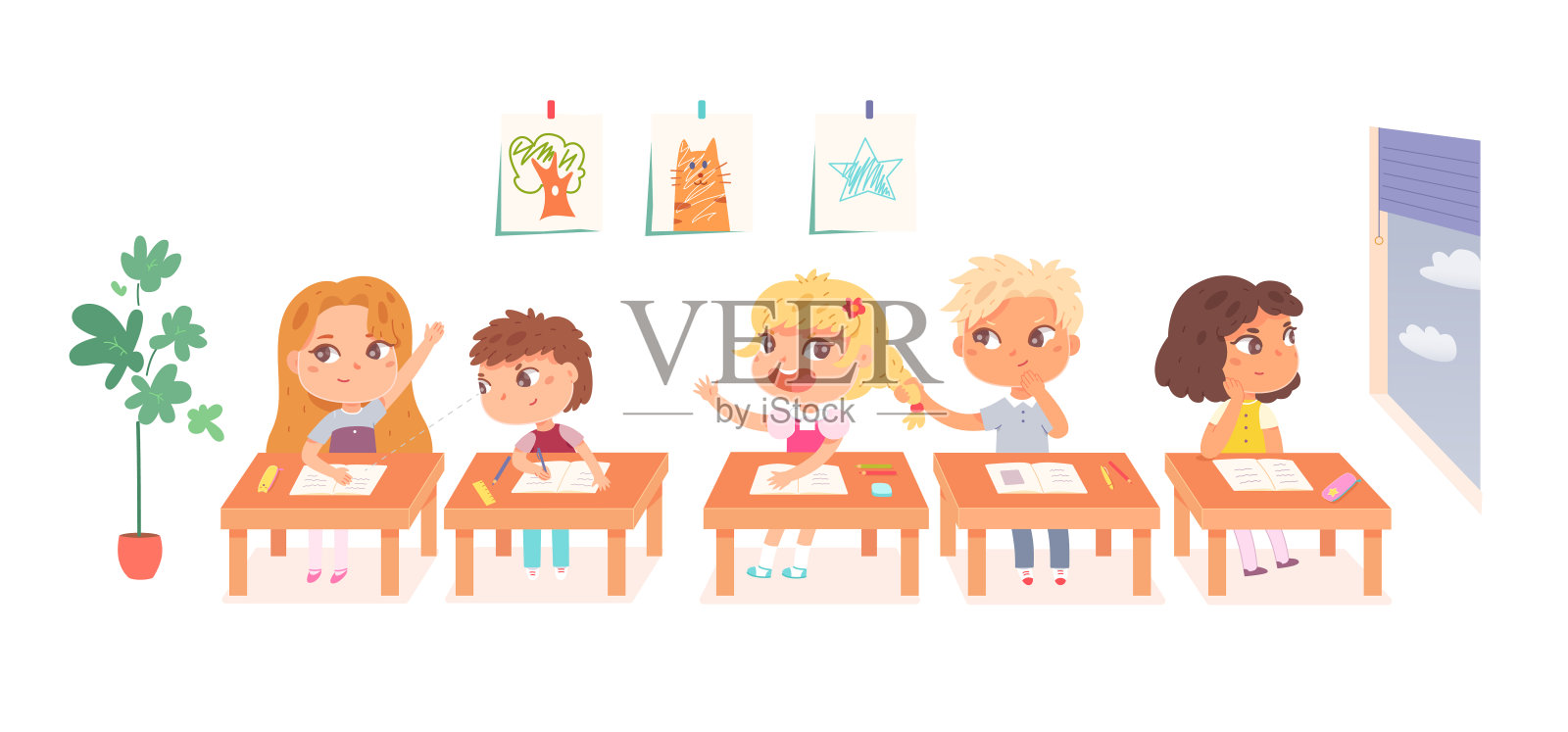 老师和小朋友在学校的教室里，一群可爱的男生女生坐在课桌上插画图片素材