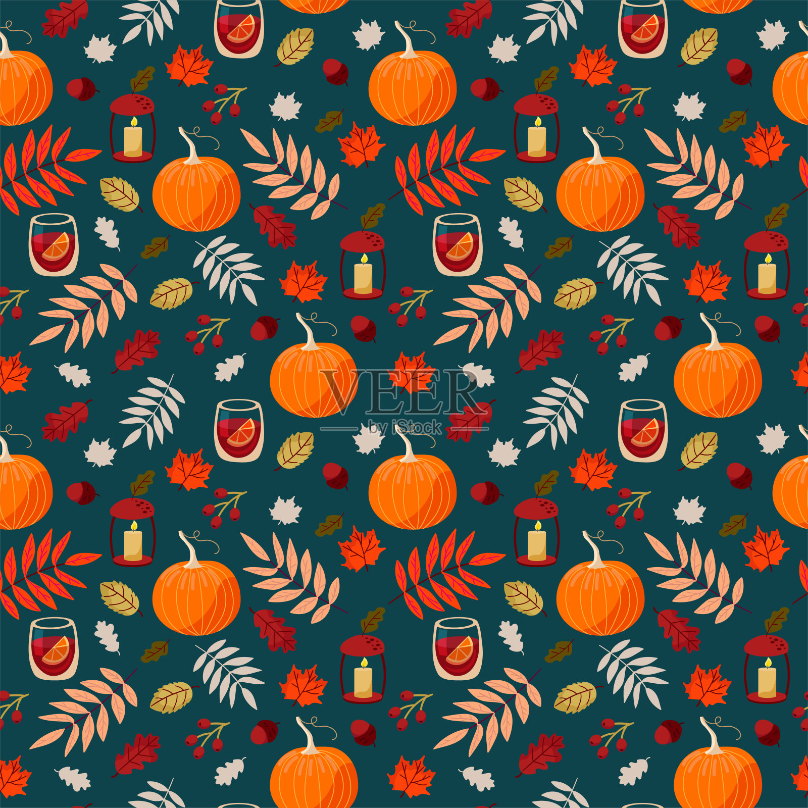 美丽的无缝秋天与南瓜，热葡萄酒，橡树叶，枫，橡子和浆果在绿松石的背景。图案为感恩节，万圣节，礼物包装或纺织品。插画图片素材