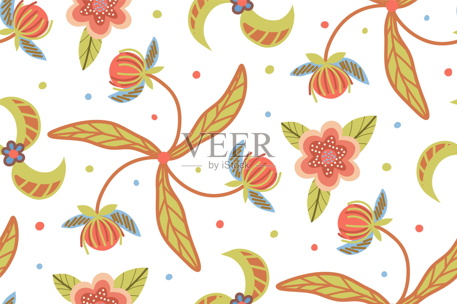 无缝矢量图案在秋季波西米亚色彩水果，花朵，树叶。网页和印刷的表面设计。插画图片素材