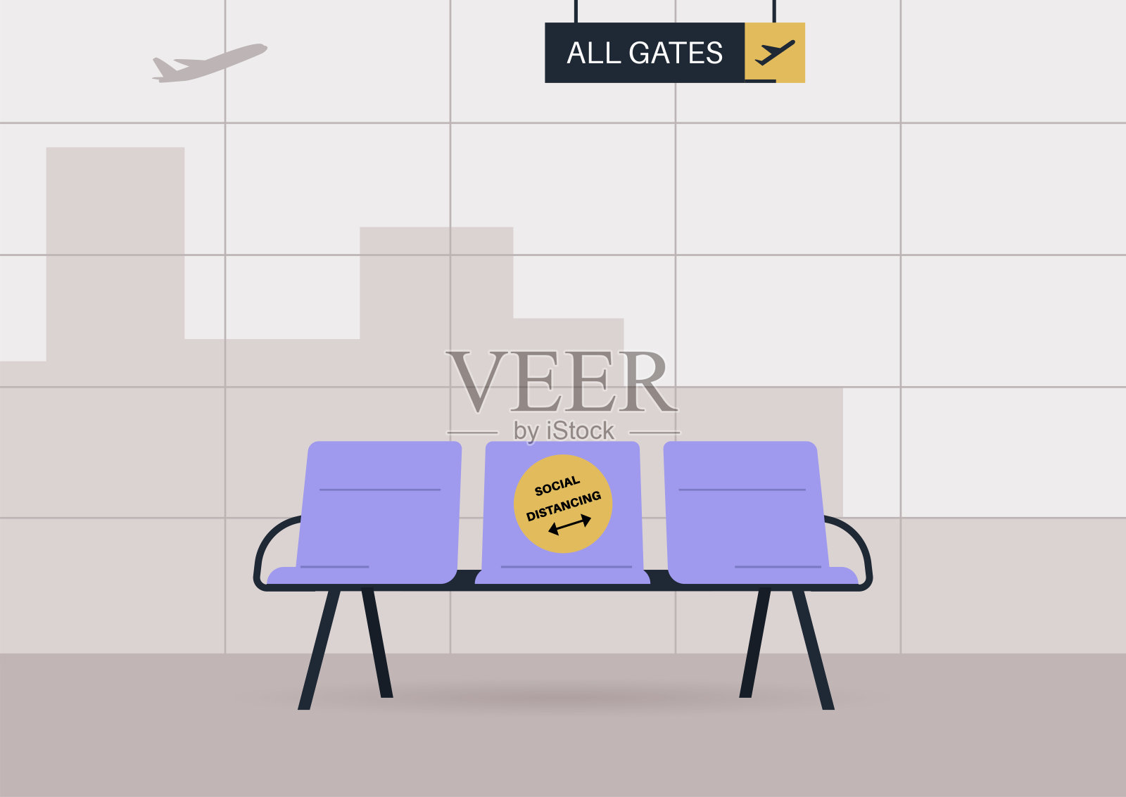 机场座位上贴着大大的圆形社交距离贴纸，冠状病毒旅行限制设计模板素材