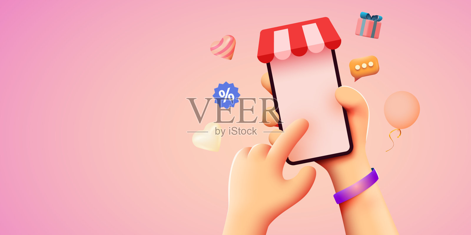 手持智能手机与购物app。网上购物的概念。插画图片素材