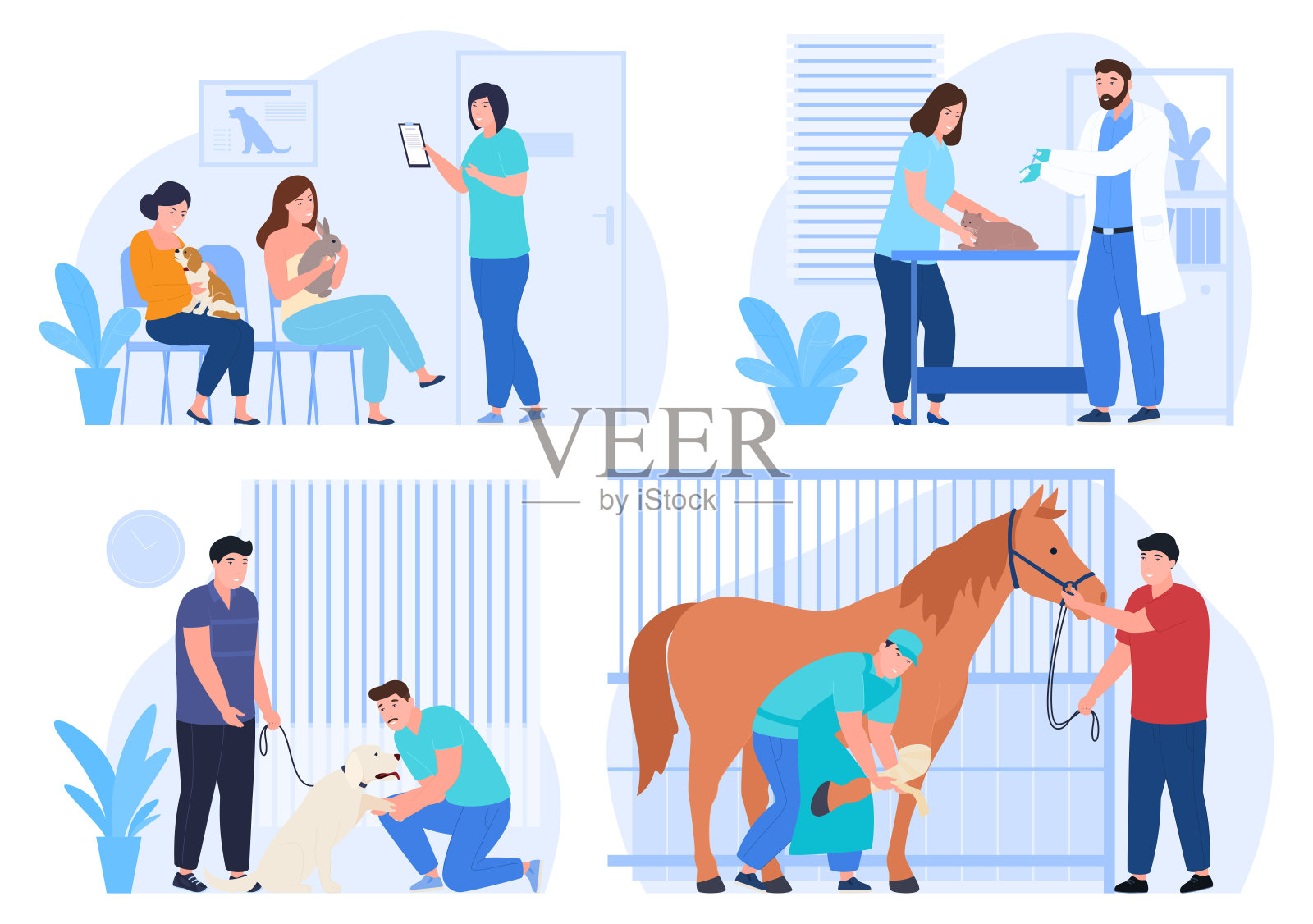 兽医检查和治疗动物设置矢量平面插图。宠物治疗和检查插画图片素材