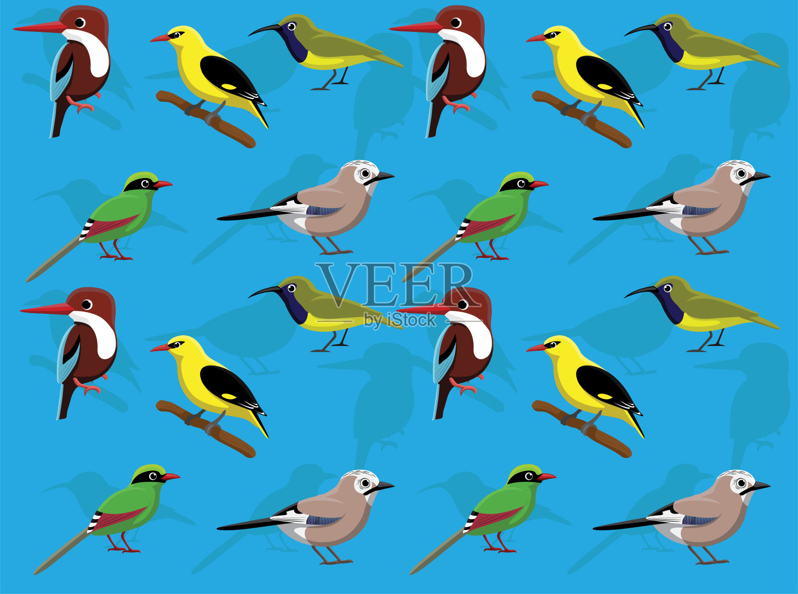 亚洲鸟，翠鸟，黄鹂，太阳鸟，喜鹊，杰伊矢量无缝墙纸设计元素图片