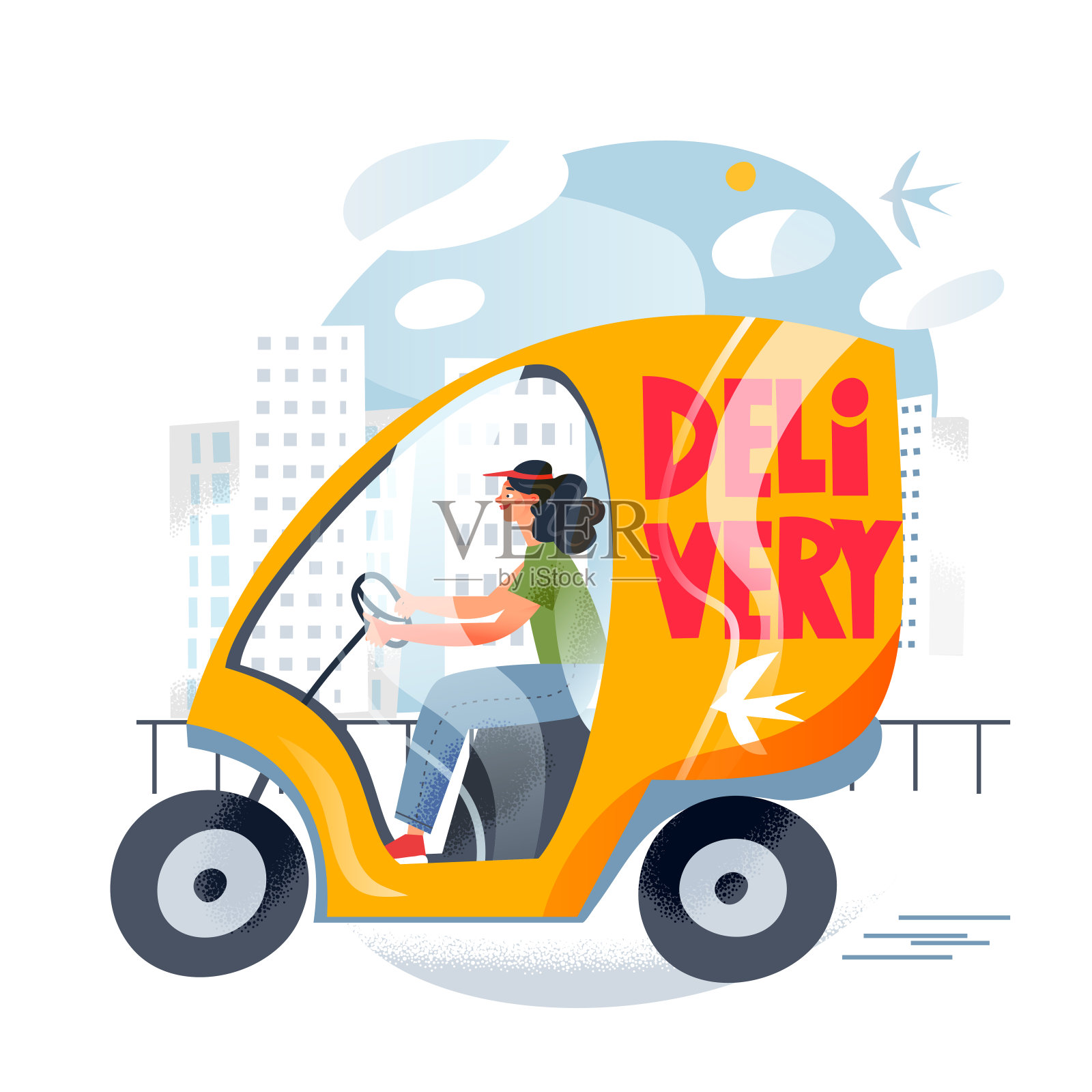 快速送货服务，女快递员骑着电动小木屋送订单箱插画图片素材