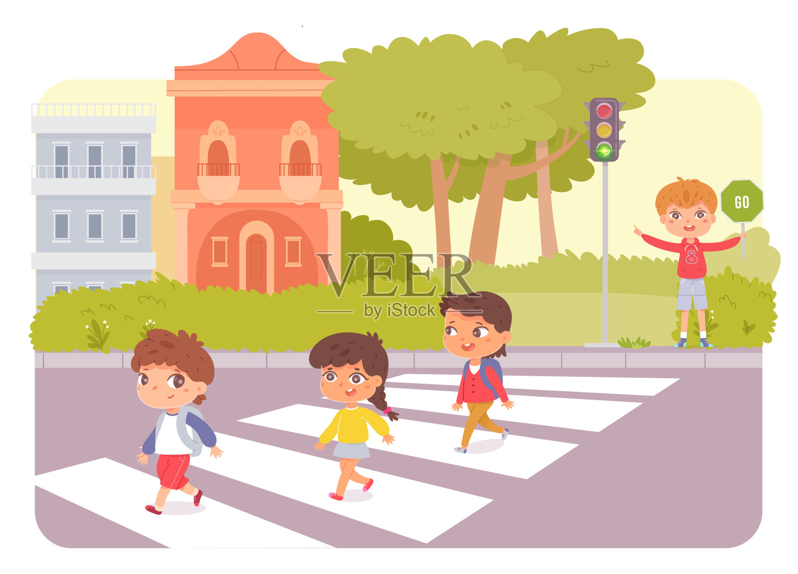 儿童行人过城市道路斑马线，儿童拿着绿色通行标志插画图片素材